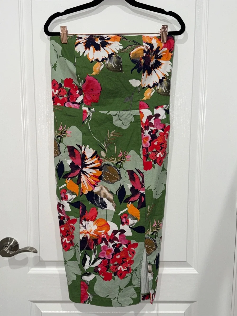 New York & Company Green Floral Midi strapless dress with slit size 6